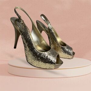 Nine West Women's Heels Glameron Gold Sparkle Metallic Slingback Size 6.5